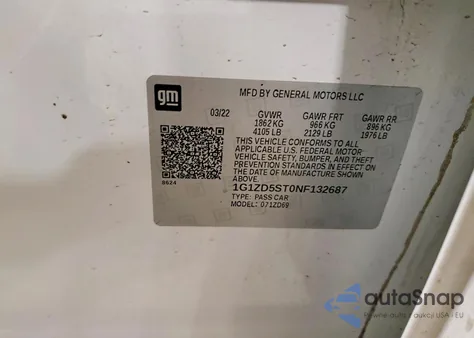 2022 Chevrolet Malibu Lt z USA, uszkodzony, nr VIN 1G1ZD5ST0NF132687